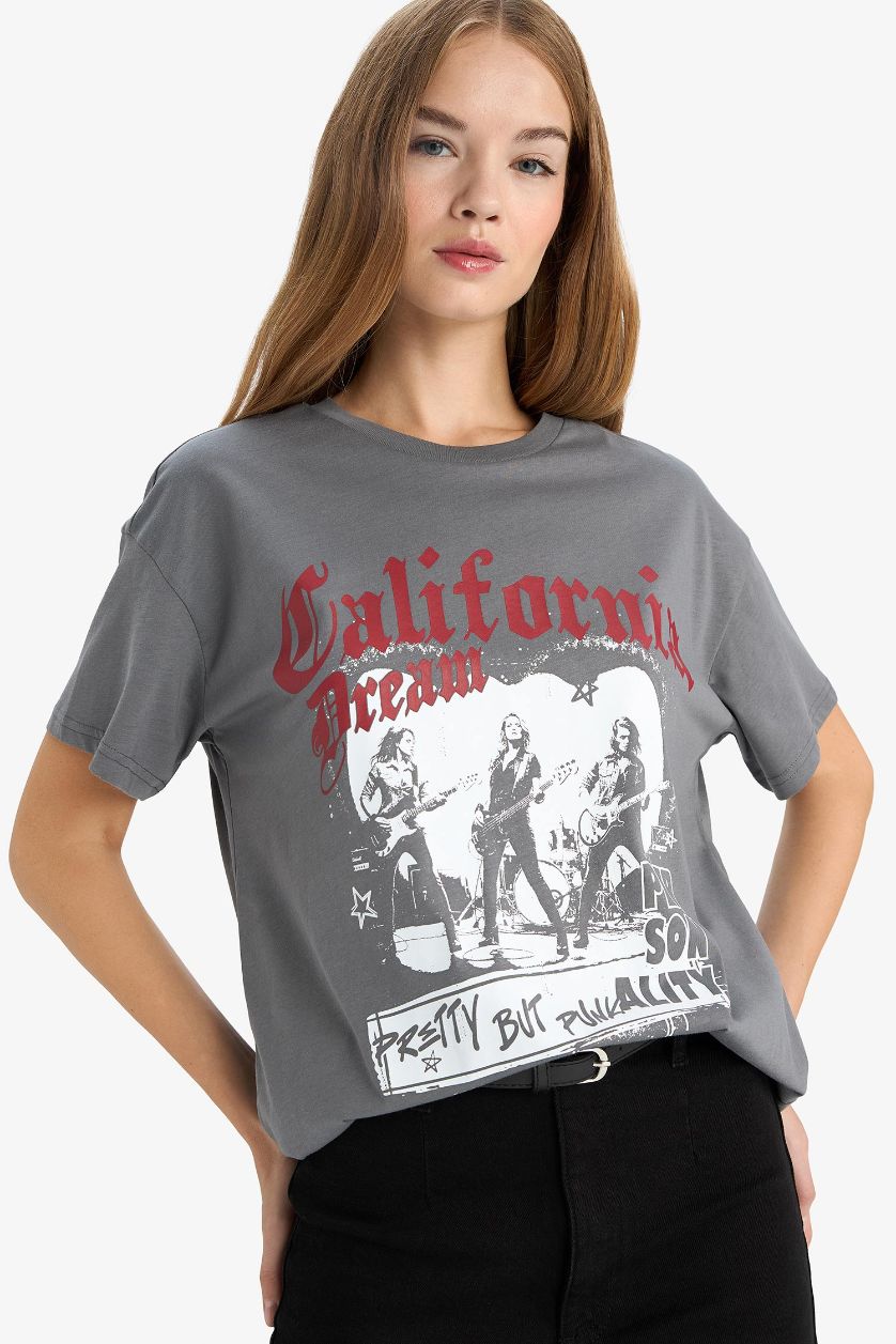 Woman Anthracite Oversize Fit Crew Neck Printed T-Shirt