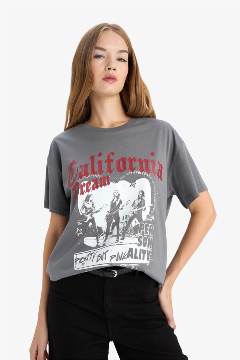 Woman Anthracite Oversize Fit Crew Neck Printed T-Shirt