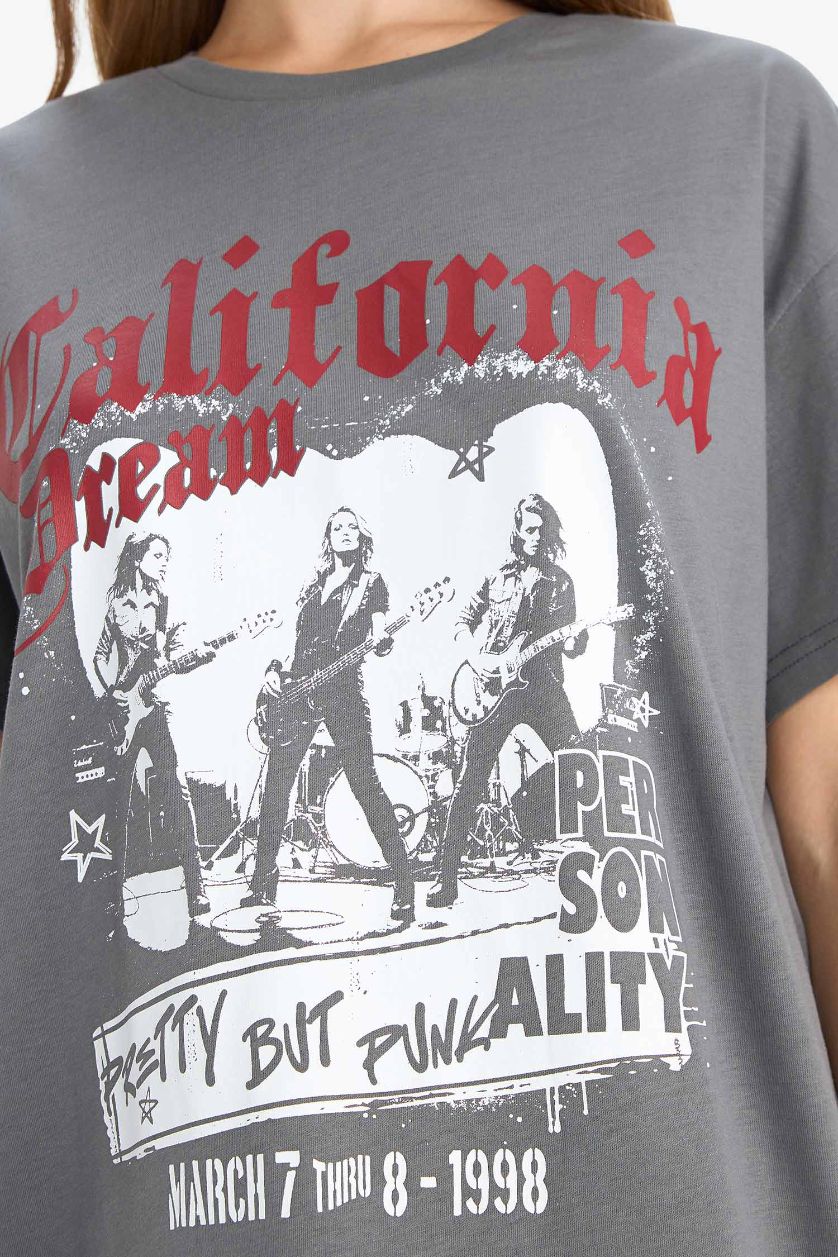 Woman Anthracite Oversize Fit Crew Neck Printed T-Shirt