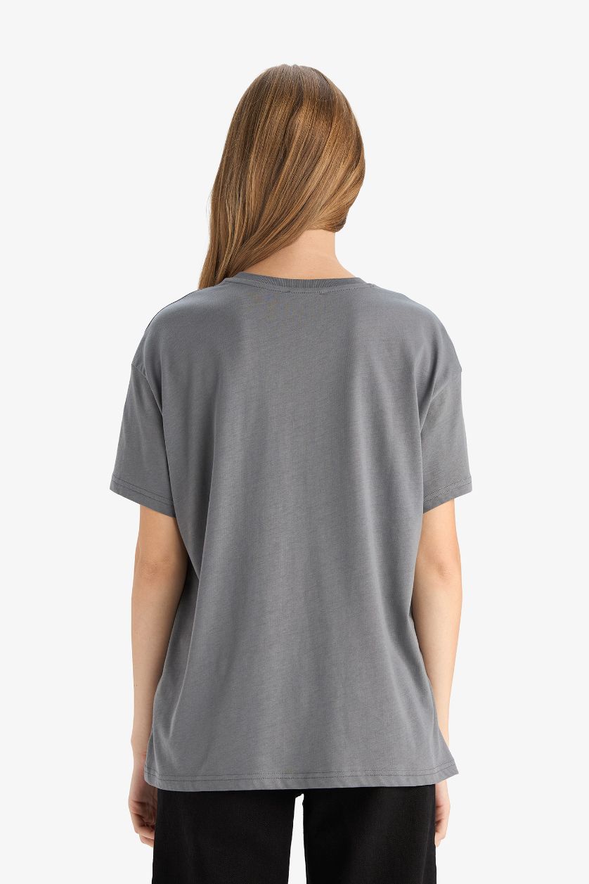 Woman Anthracite Oversize Fit Crew Neck Printed T-Shirt