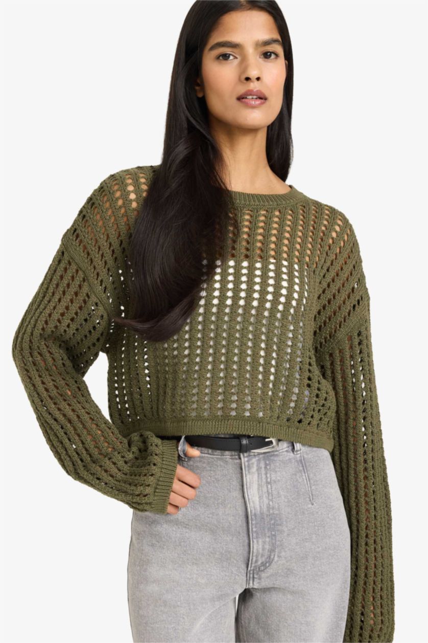 Woman Khaki Regular Fit Crew Neck Pullover