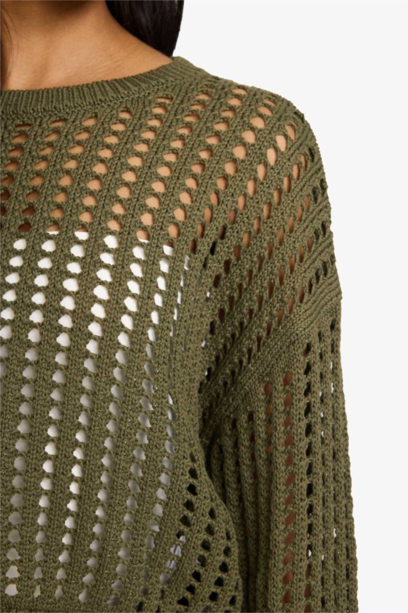 Woman Khaki Regular Fit Crew Neck Pullover