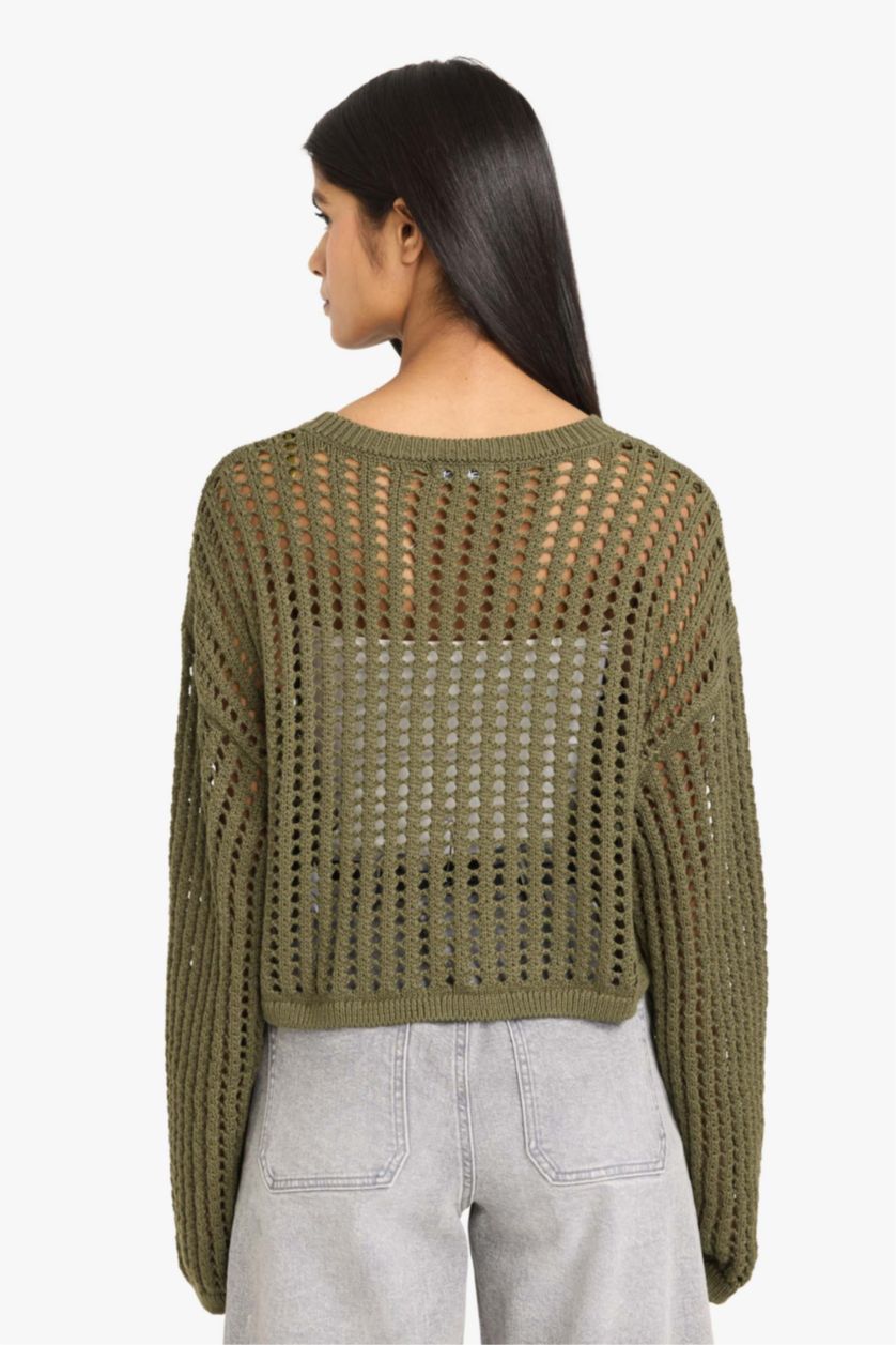 Woman Khaki Regular Fit Crew Neck Pullover