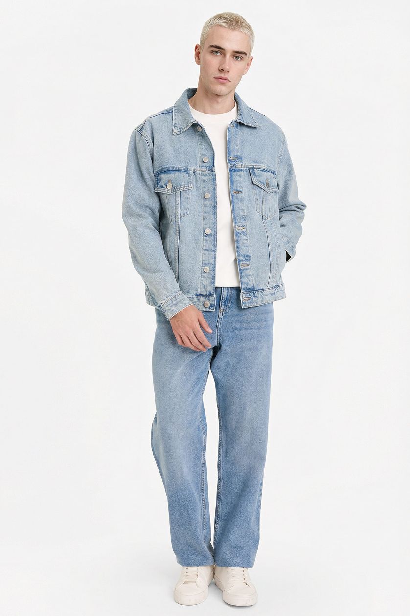 رجال أزرق فاتح جاكيت جينز قصة عادية