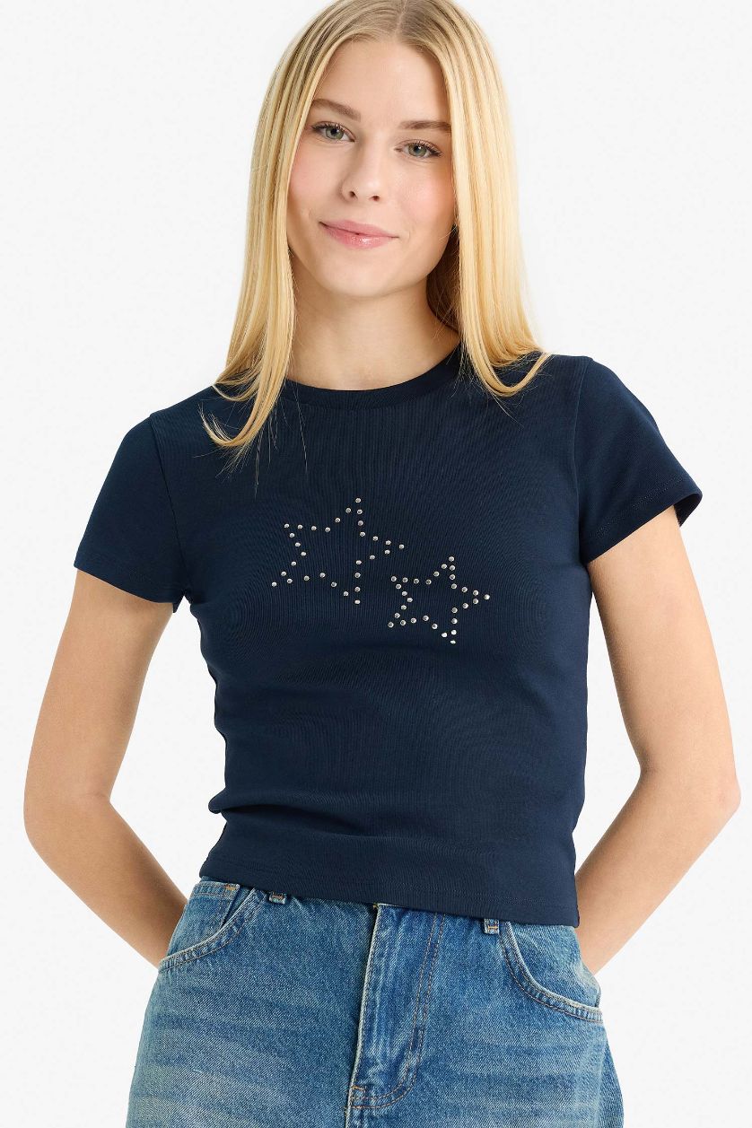 Woman NAVY Fitted Star Pattern Ribbed Short Sleeve T-shirt