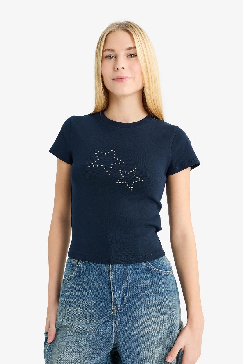 Woman NAVY Fitted Star Pattern Ribbed Short Sleeve T-shirt
