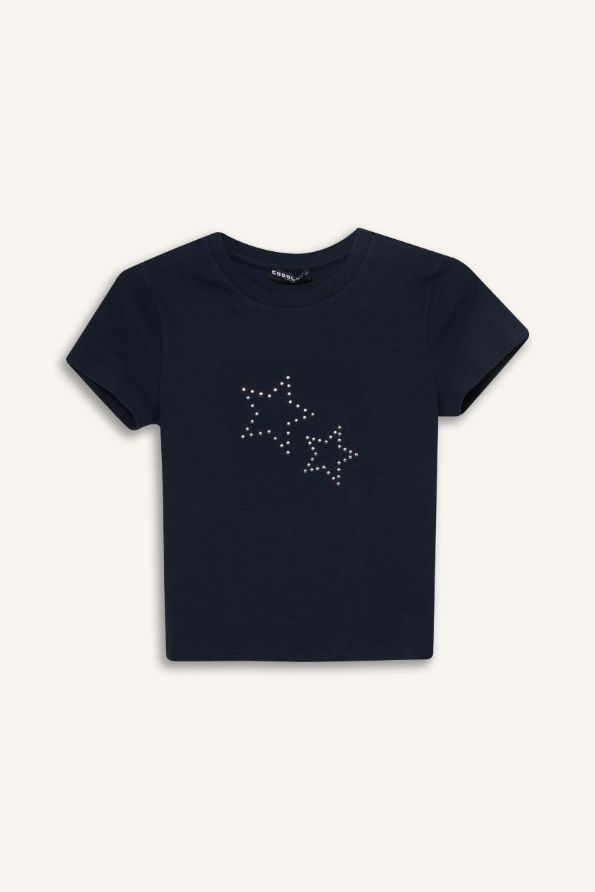 Woman NAVY Fitted Star Pattern Ribbed Short Sleeve T-shirt