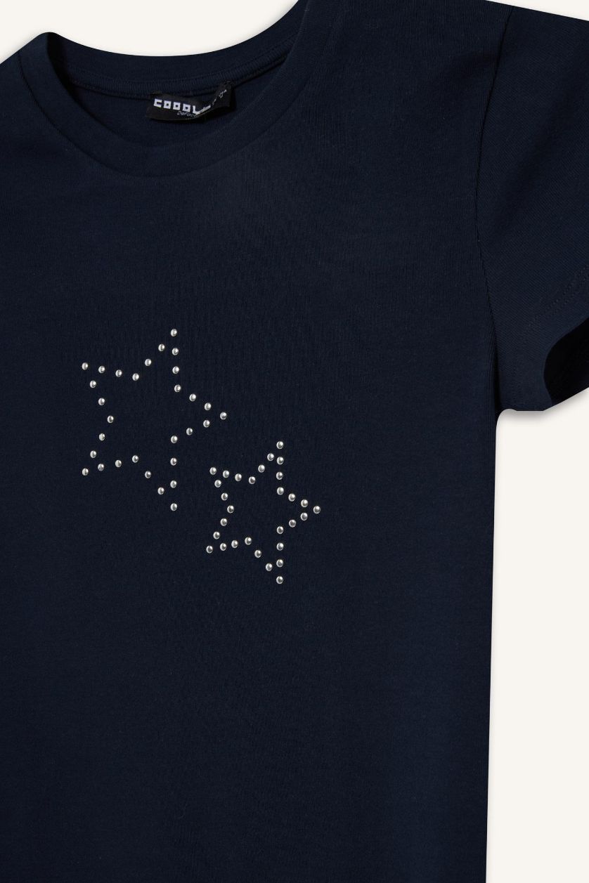 Woman NAVY Fitted Star Pattern Ribbed Short Sleeve T-shirt