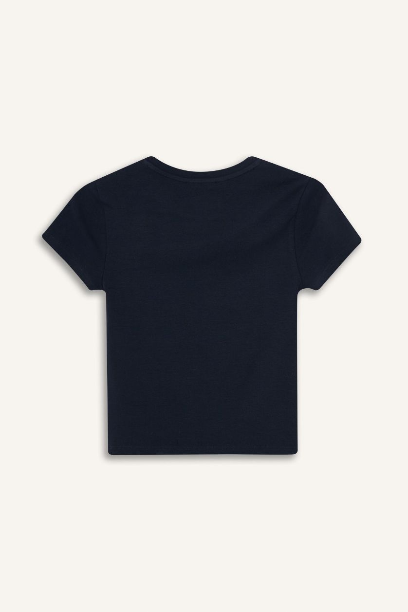 Woman NAVY Fitted Star Pattern Ribbed Short Sleeve T-shirt