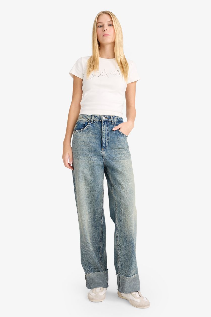 WOMAN White Fitted Star Patterned Ribbed Short Sleeve T-Shirt