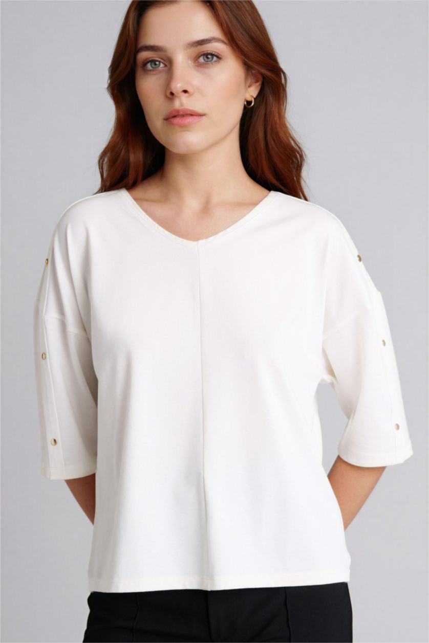 WOMAN Ecru Relax Fit V-Neck Long Sleeve T-Shirt