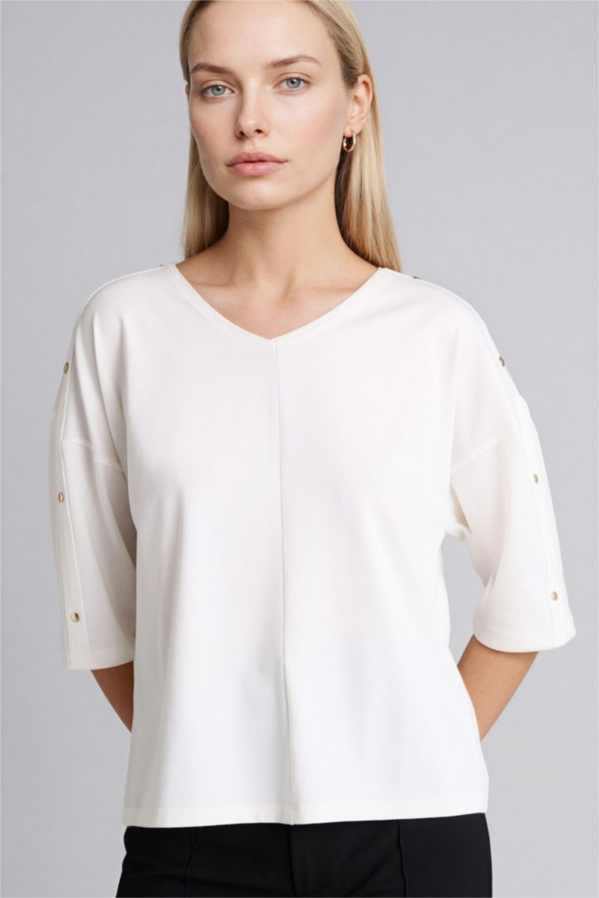 WOMAN Ecru Relax Fit V-Neck Long Sleeve T-Shirt