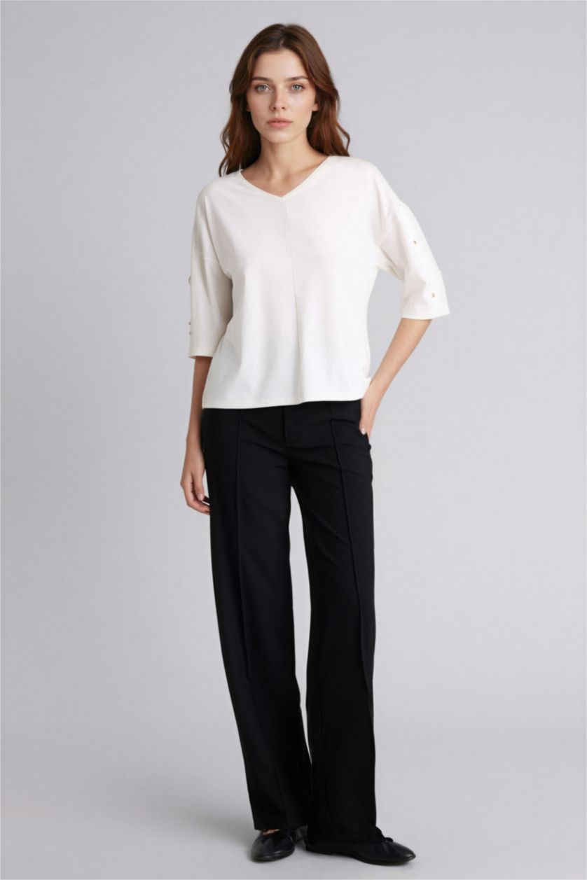 WOMAN Ecru Relax Fit V-Neck Long Sleeve T-Shirt