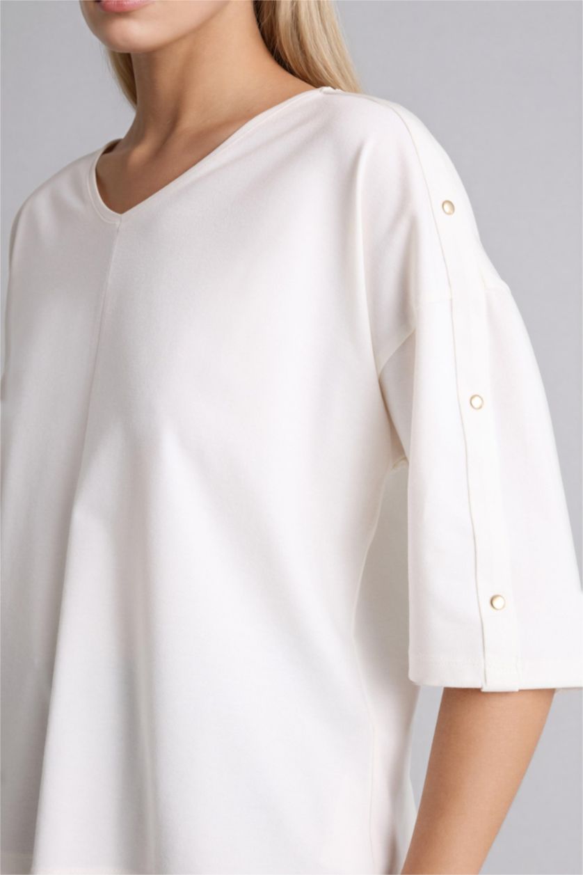 WOMAN Ecru Relax Fit V-Neck Long Sleeve T-Shirt