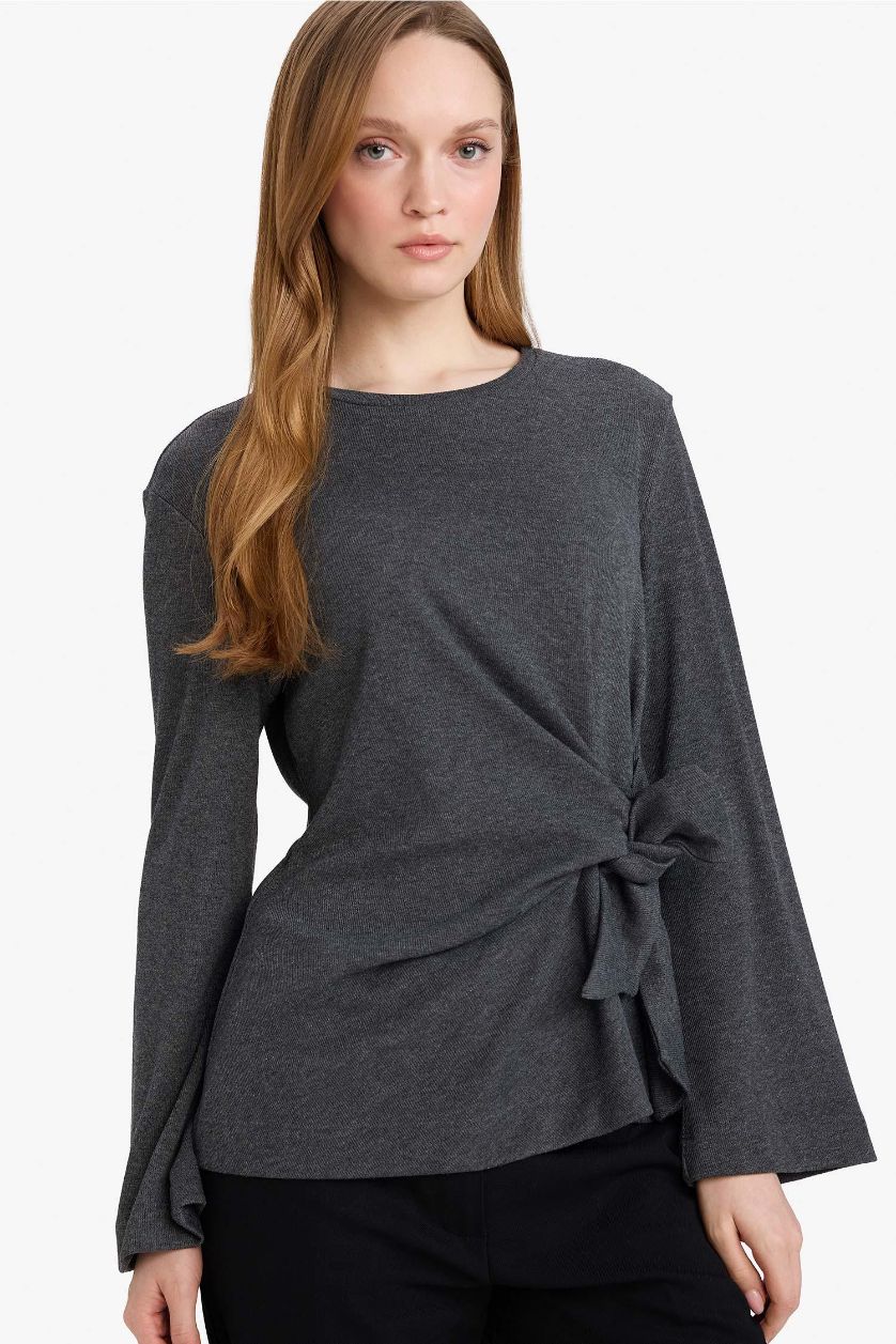 Kadın Antrasit Melanj Regular Fit Bağlamalı Tişört