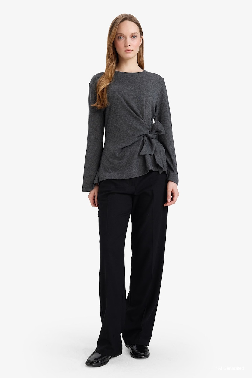 Woman Anthracite Melange Regular Fit Ribana Long Sleeve T-Shirt