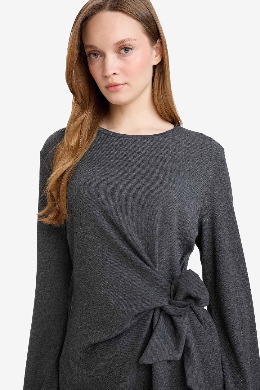 Kadın Antrasit Melanj Regular Fit Bağlamalı Tişört