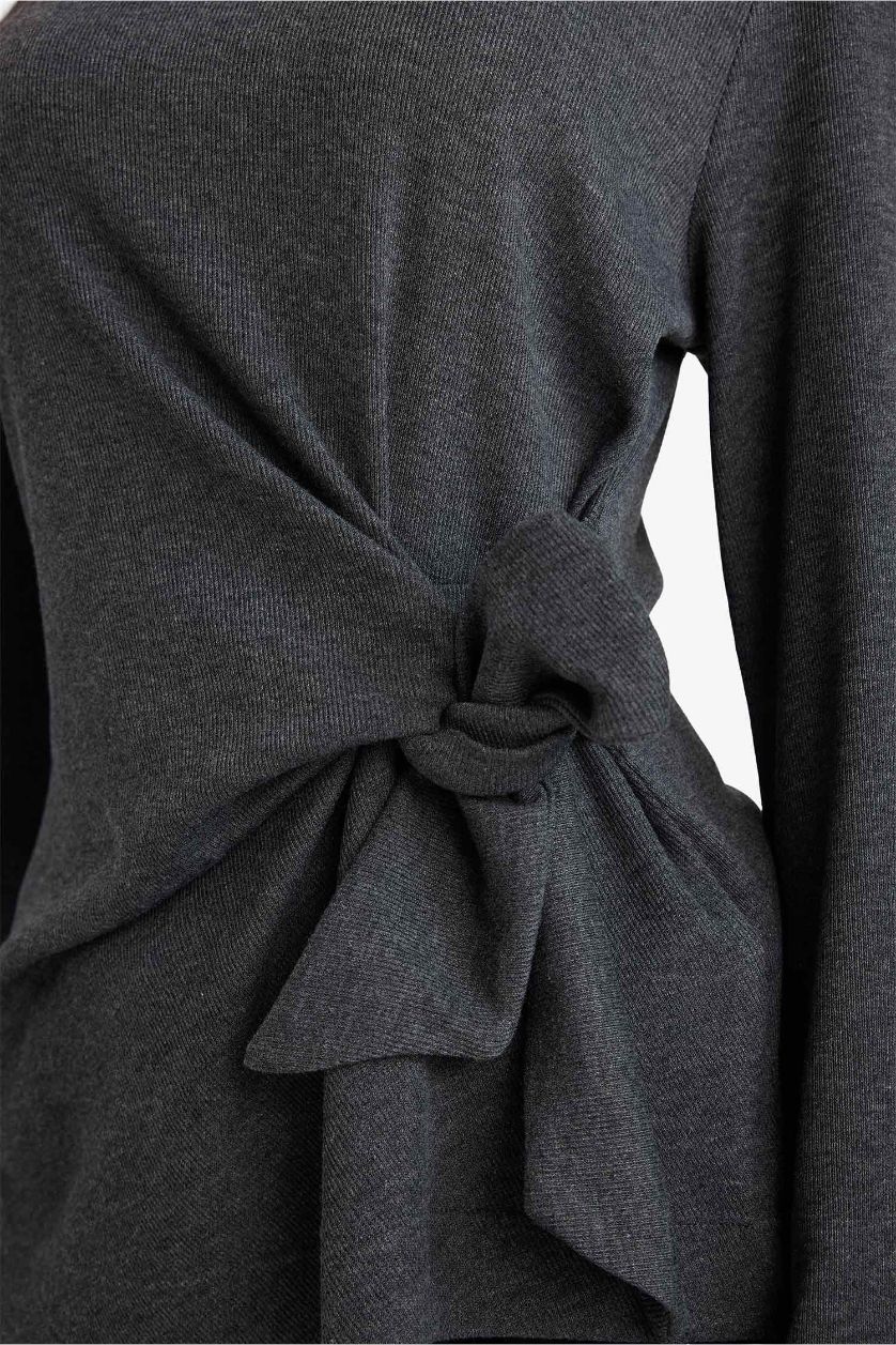 Kadın Antrasit Melanj Regular Fit Bağlamalı Tişört