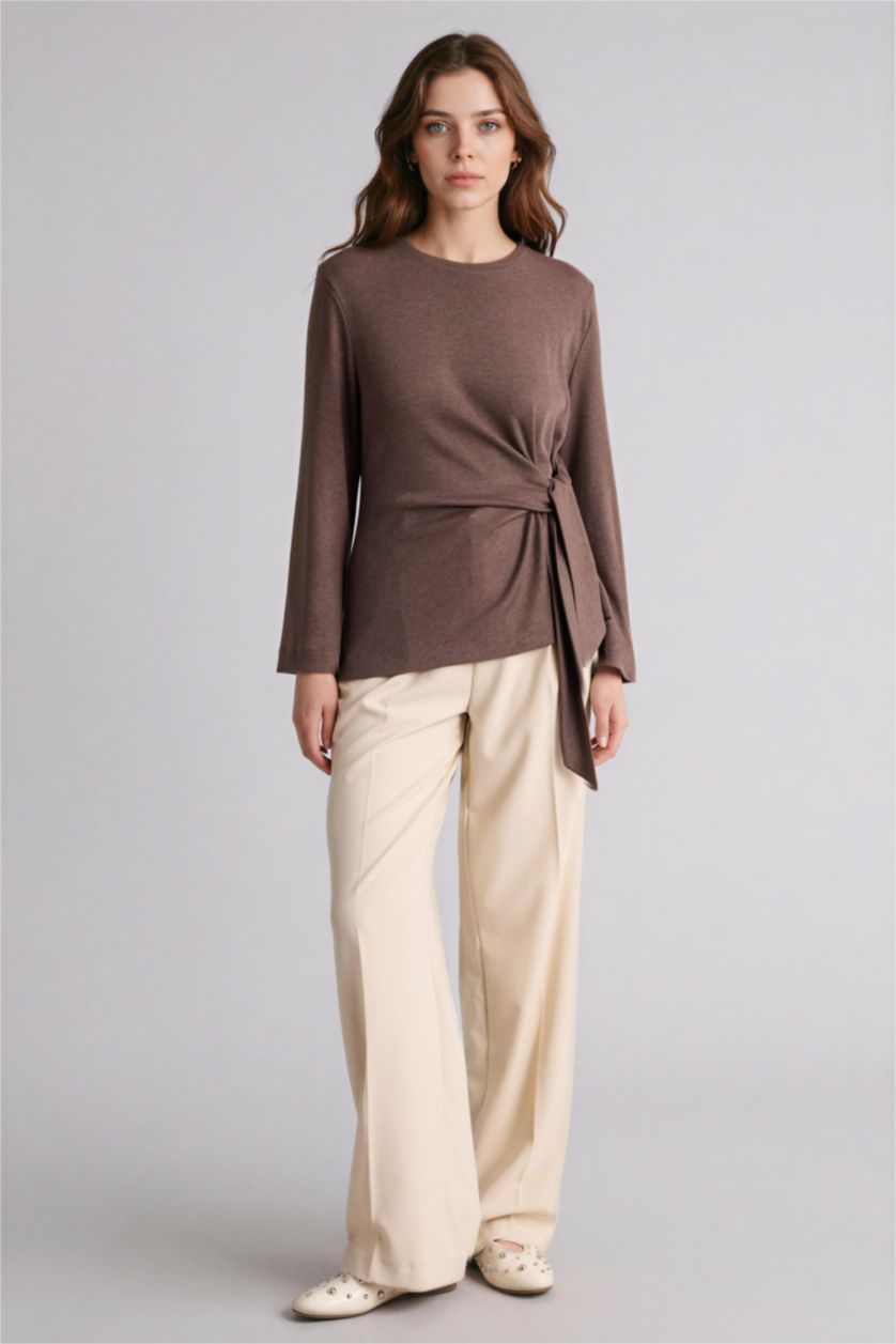 Woman Light Brown تيشيرت ردن طويل قصة عادية وياخة مستديرة