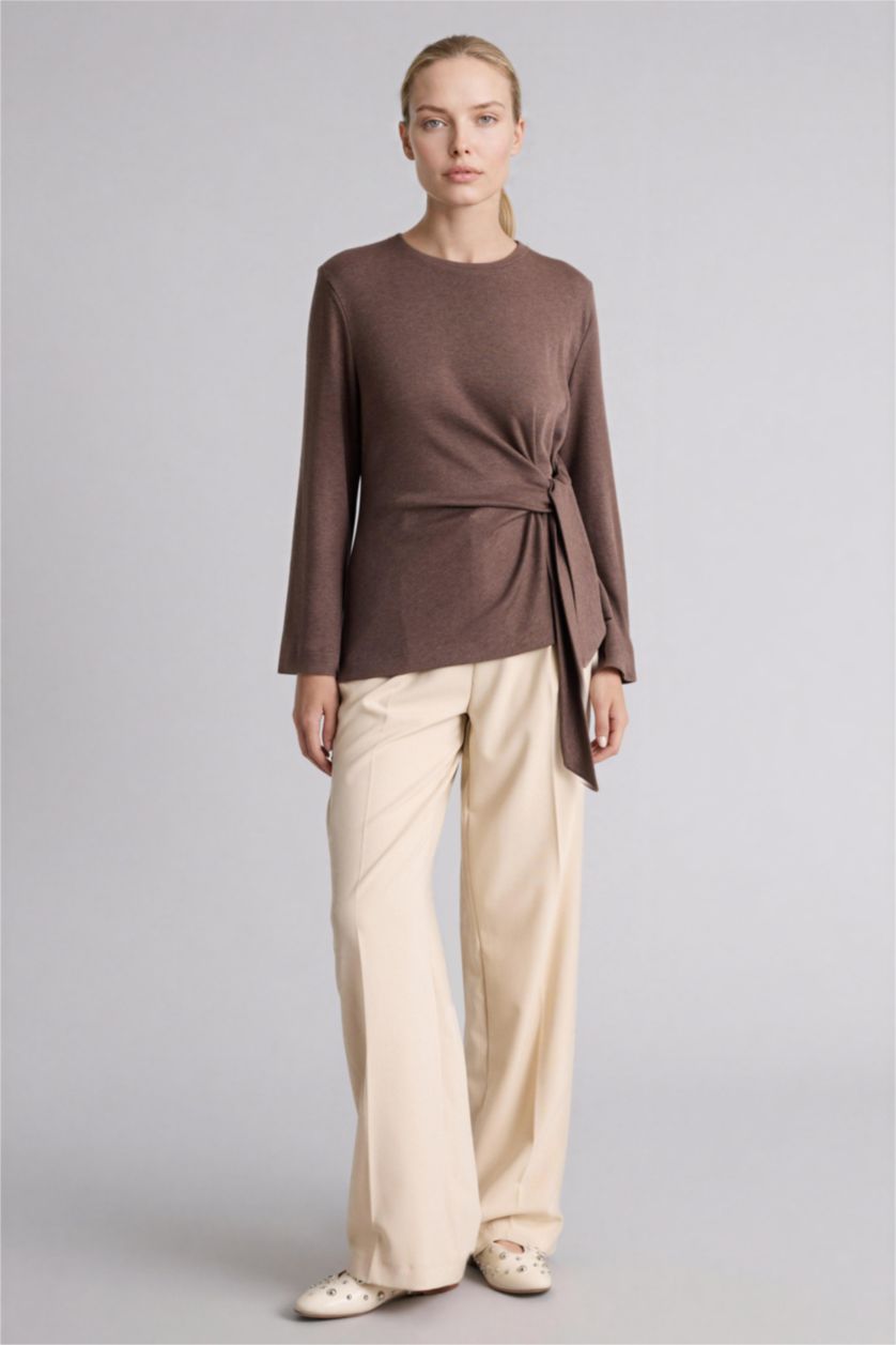 WOMAN Light Brown Regular Fit Crew Neck Long Sleeve T-Shirt