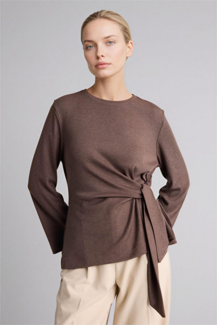 WOMAN Light Brown Regular Fit Crew Neck Long Sleeve T-Shirt