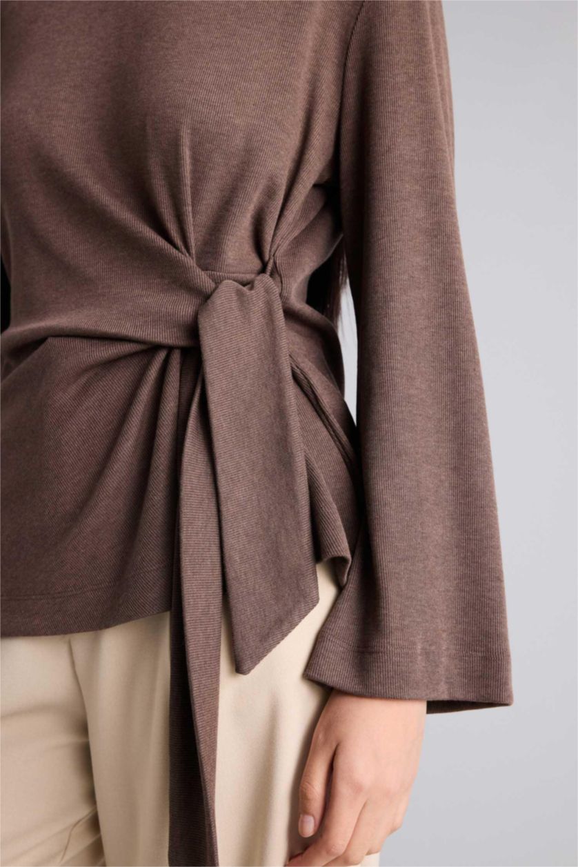 WOMAN Light Brown Regular Fit Crew Neck Long Sleeve T-Shirt