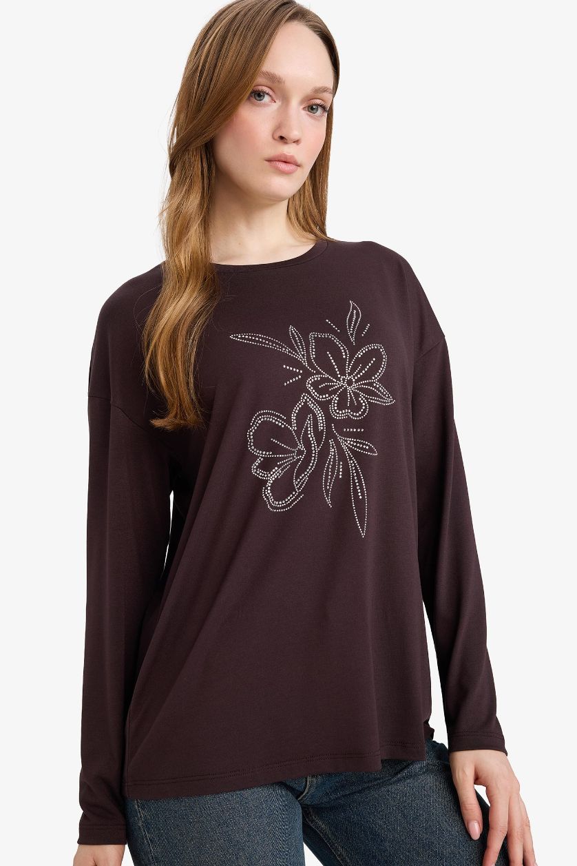 WOMAN Brown Relax Fit Crew Neck Long Sleeve T-Shirt