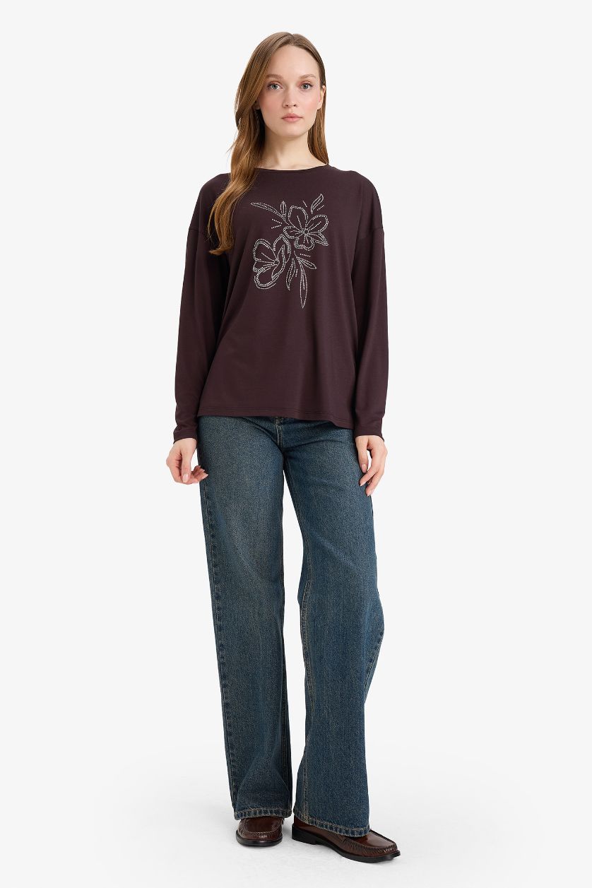 WOMAN Brown Relax Fit Crew Neck Long Sleeve T-Shirt