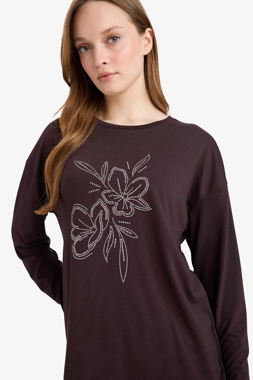 WOMAN Brown Relax Fit Crew Neck Long Sleeve T-Shirt