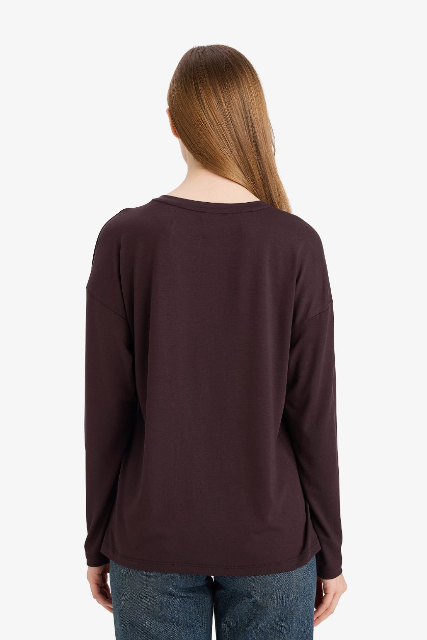 WOMAN Brown Relax Fit Crew Neck Long Sleeve T-Shirt