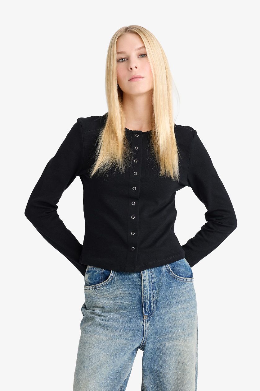 WOMAN Black Slim Fit Crew Neck Ribana Cardigan