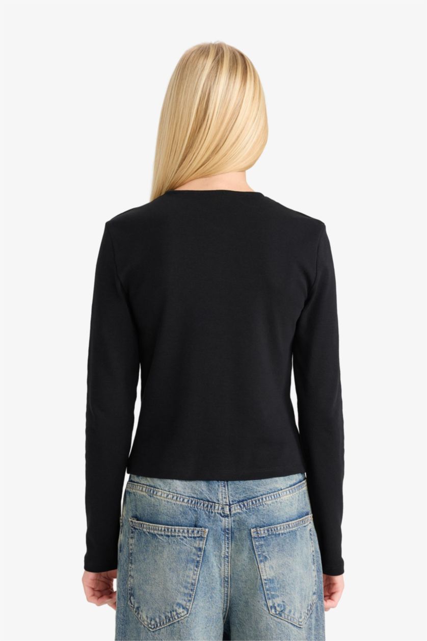 WOMAN Black Slim Fit Crew Neck Ribana Cardigan