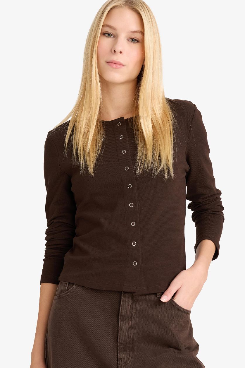 Woman Brown Slim Fit Crew Neck Ribana Cardigan