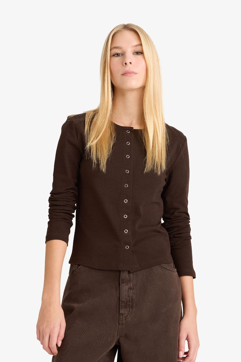 Woman Brown Slim Fit Crew Neck Ribana Cardigan