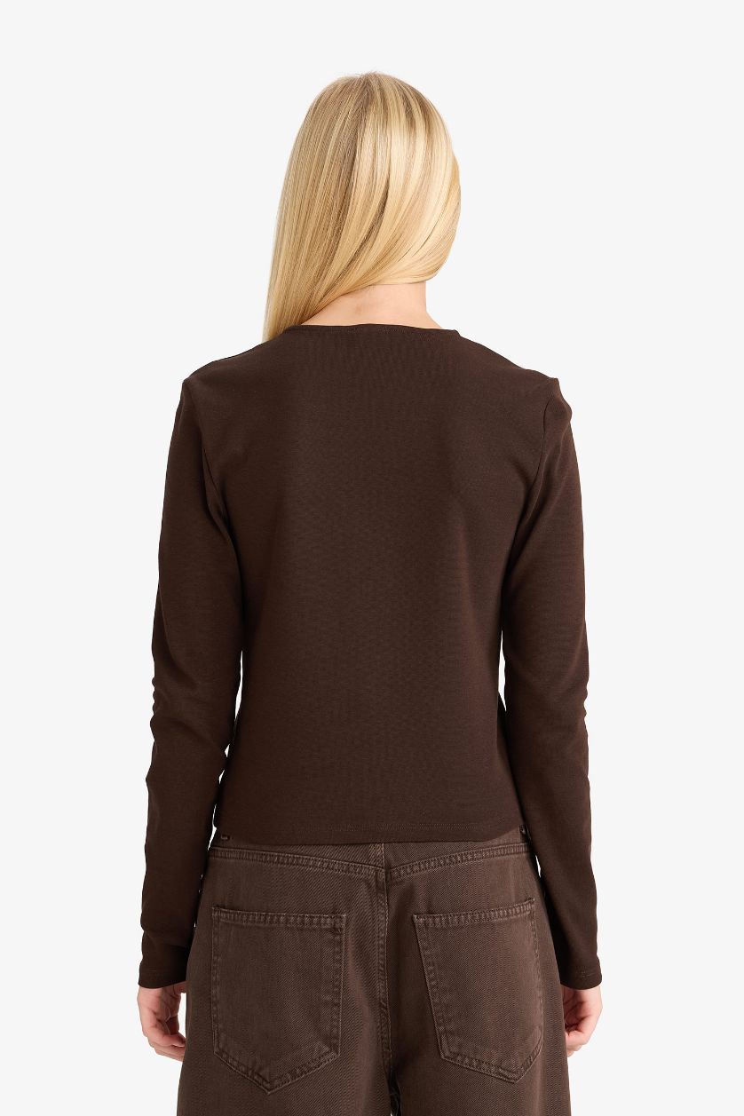 Woman Brown Slim Fit Crew Neck Ribana Cardigan