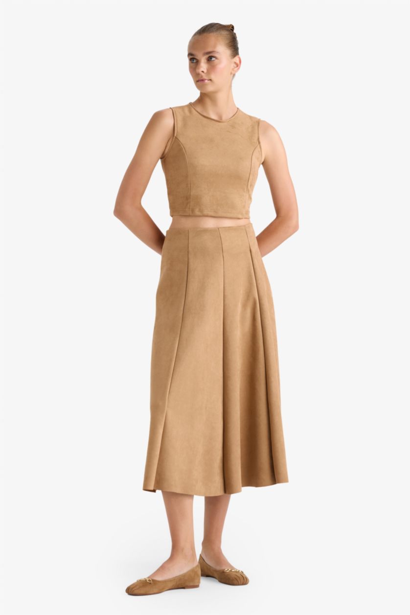 Kadın Açık Camel Bisiklet Yaka Süet Kolsuz Bluz