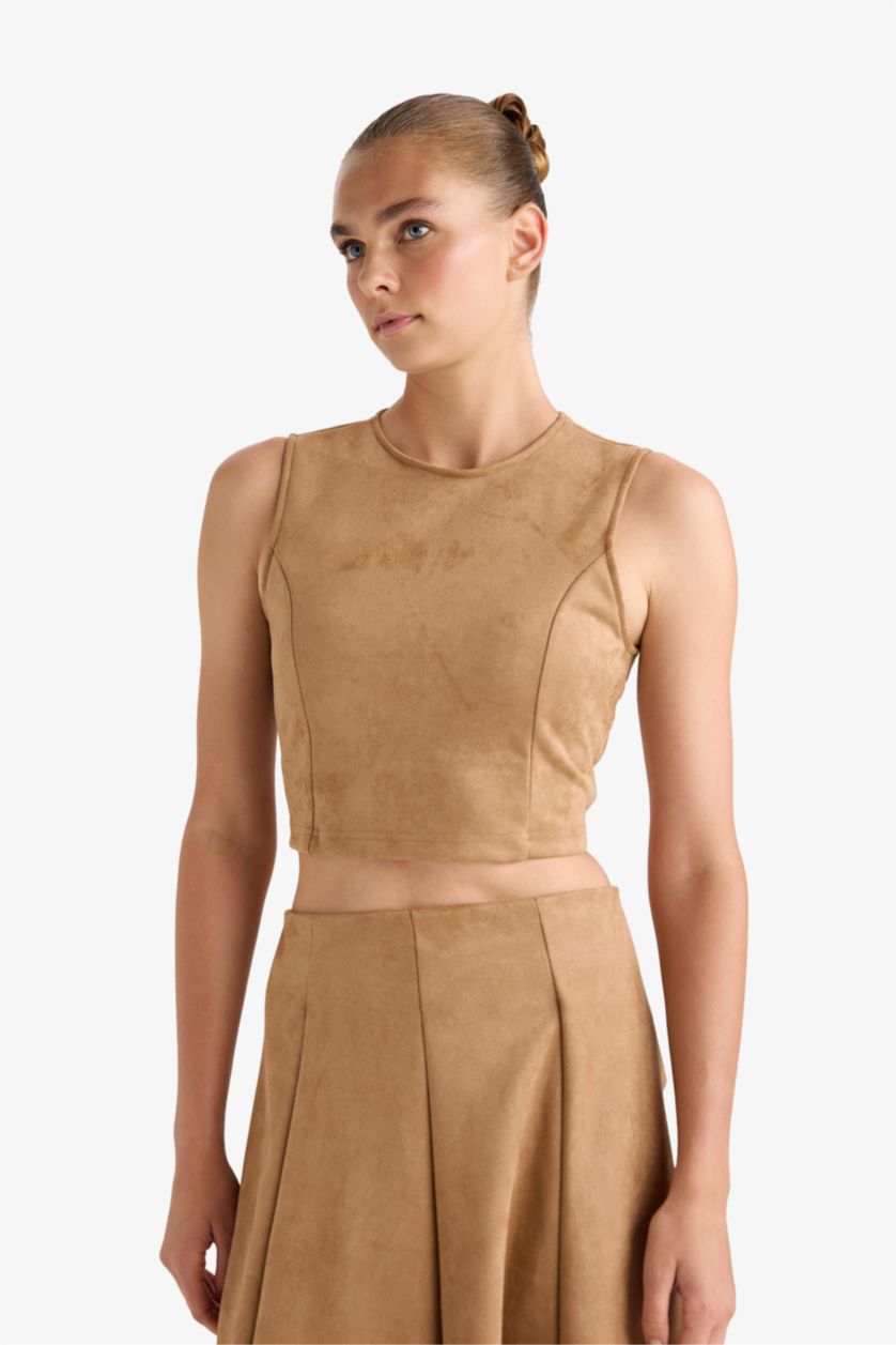 Kadın Açık Camel Bisiklet Yaka Süet Kolsuz Bluz