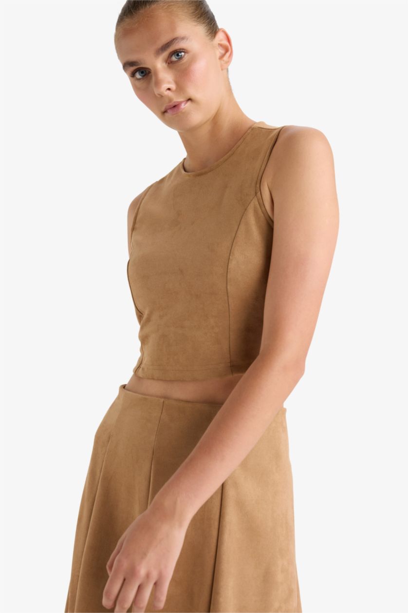 Kadın Açık Camel Bisiklet Yaka Süet Kolsuz Bluz