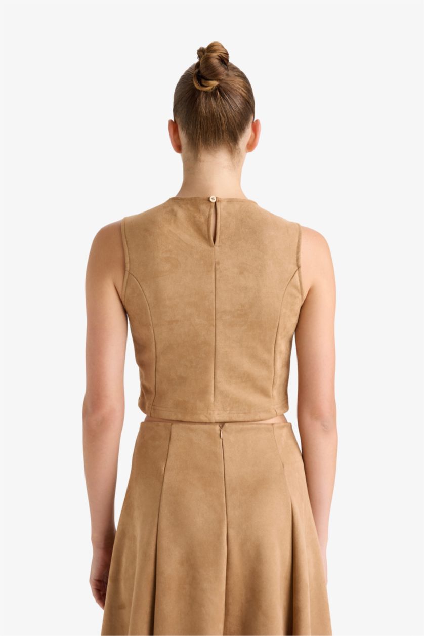 Kadın Açık Camel Bisiklet Yaka Süet Kolsuz Bluz