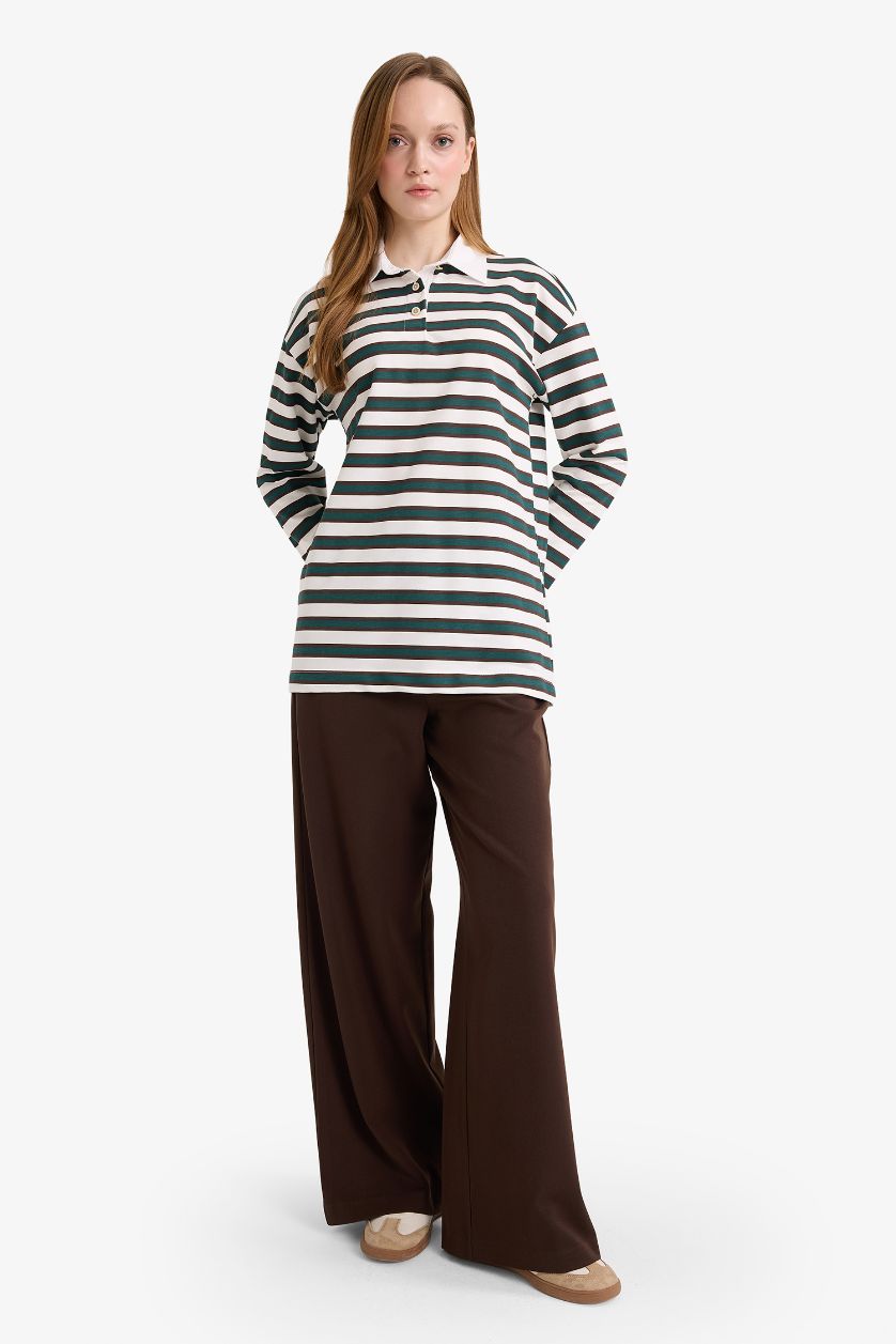 نساء أخضر سويت شيرت طويل قماش خفيف قصة عادية بياخة بولو