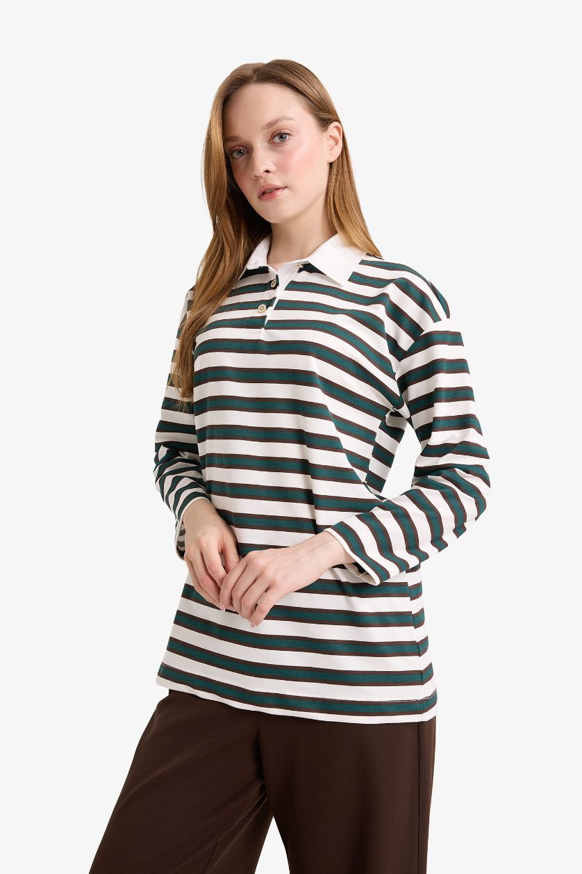 نساء أخضر سويت شيرت طويل قماش خفيف قصة عادية بياخة بولو