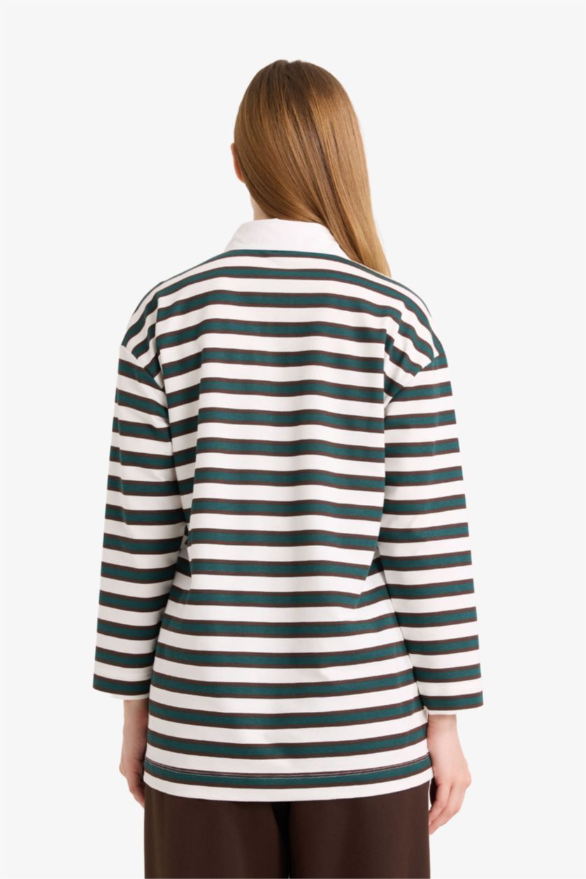 نساء أخضر سويت شيرت طويل قماش خفيف قصة عادية بياخة بولو