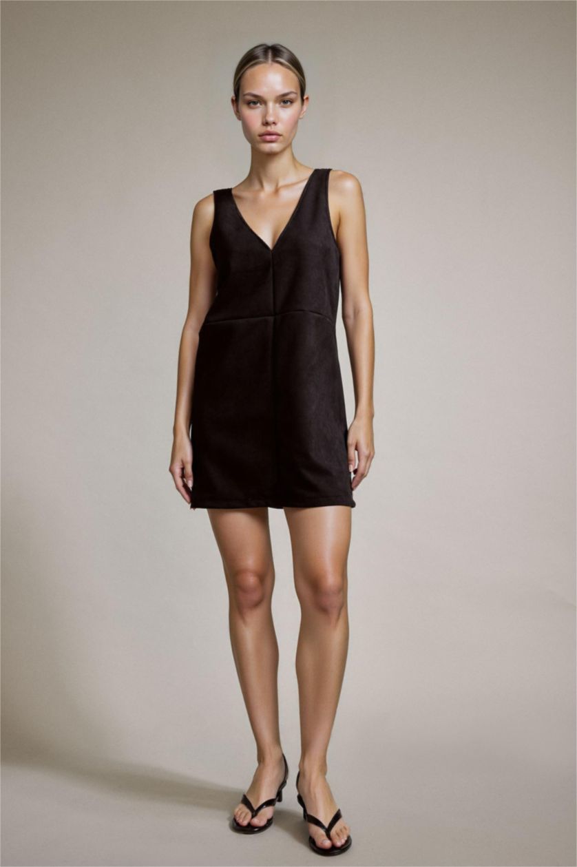 Woman Black V-Neck Thick Strappy Suede Mini Dress