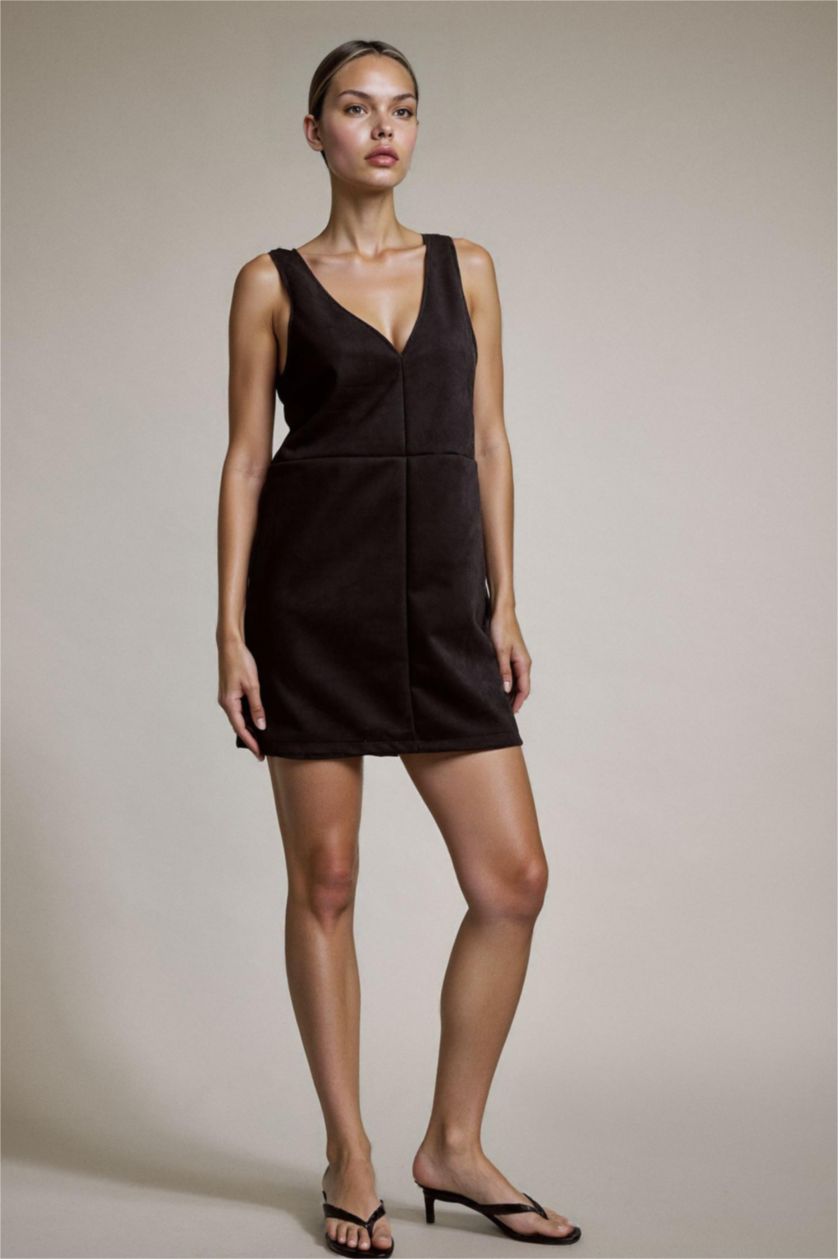 Woman Black V-Neck Thick Strappy Suede Mini Dress