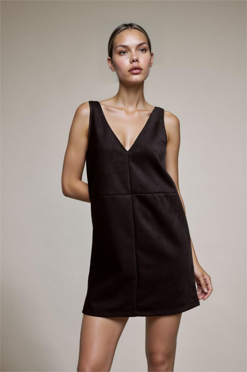 Woman Black V-Neck Thick Strappy Suede Mini Dress