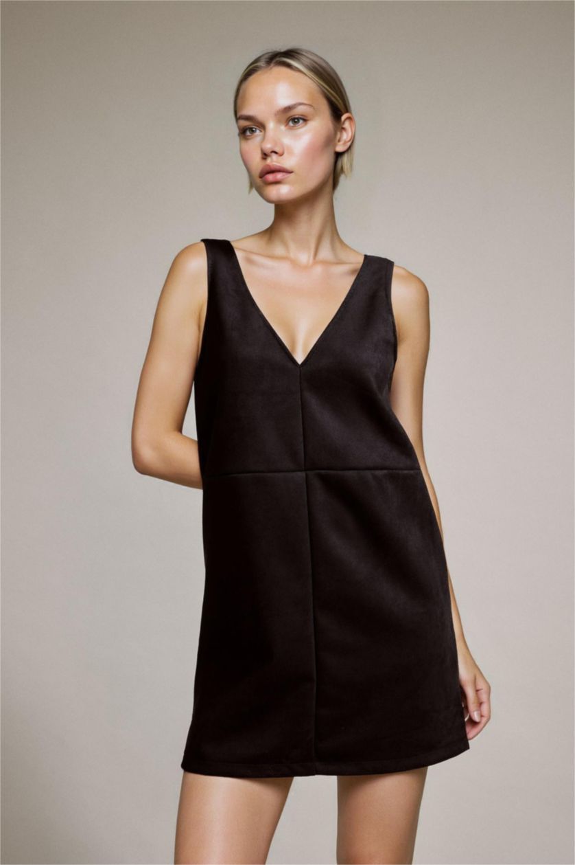 Woman Black V-Neck Thick Strappy Suede Mini Dress