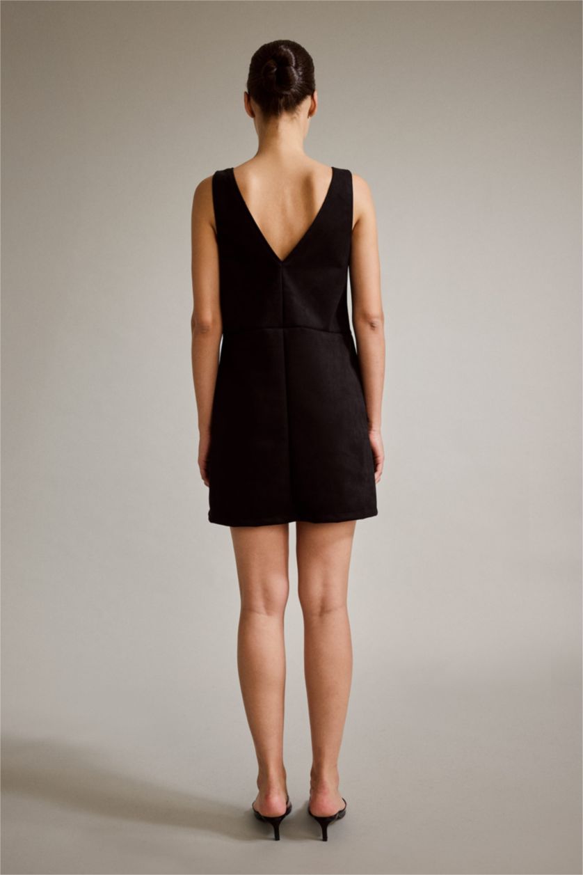 Woman Black V-Neck Thick Strappy Suede Mini Dress