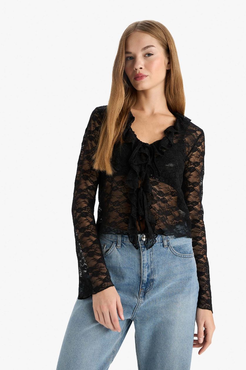 Kadın Siyah Fitted V Yaka Önden Bağlamalı Dantel Uzun Kollu Bluz