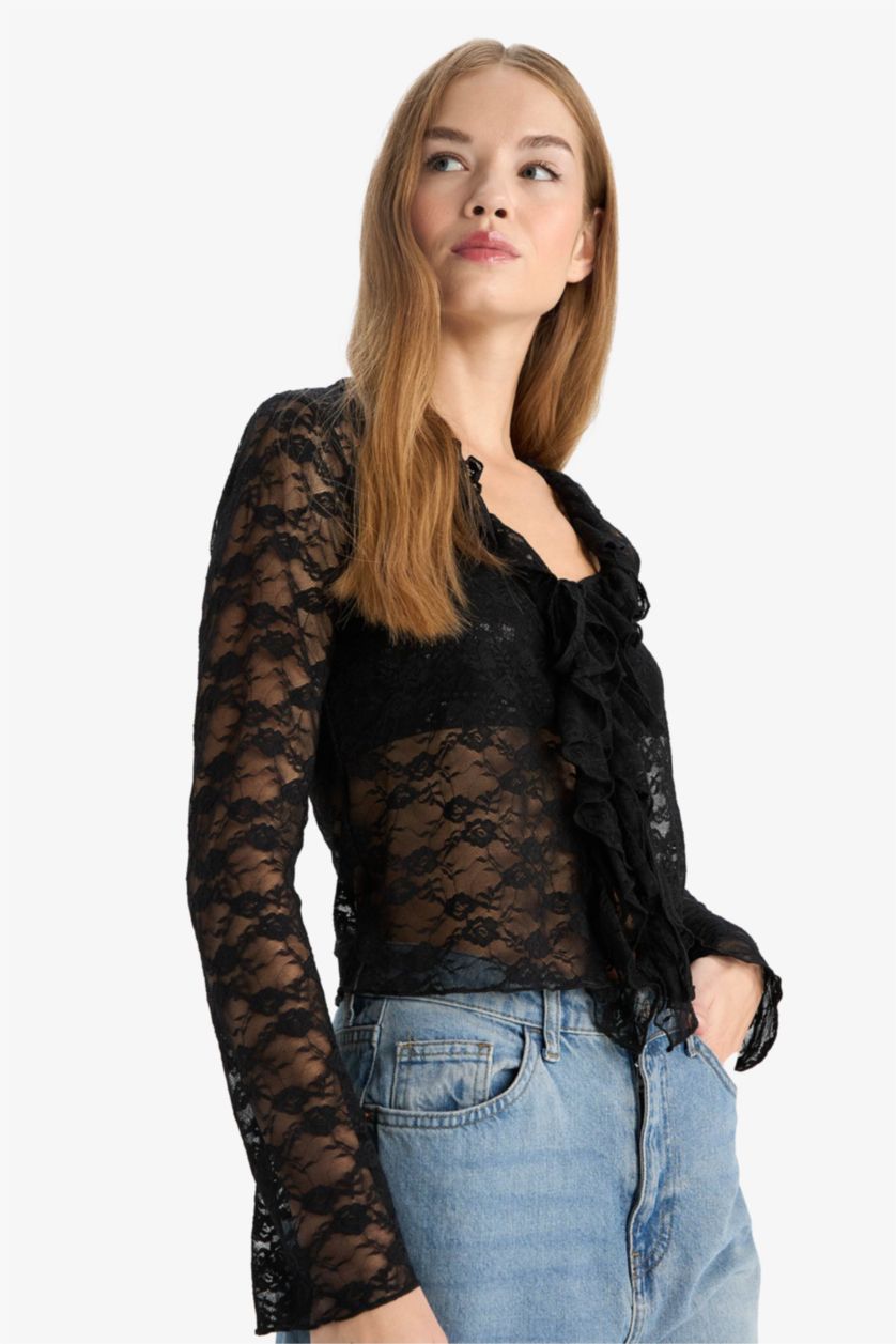 Kadın Siyah Fitted V Yaka Önden Bağlamalı Dantel Uzun Kollu Bluz