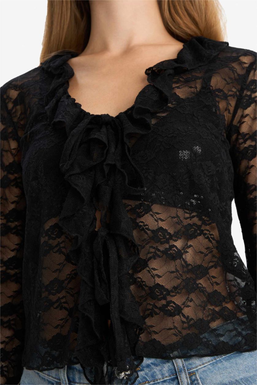 Kadın Siyah Fitted V Yaka Önden Bağlamalı Dantel Uzun Kollu Bluz